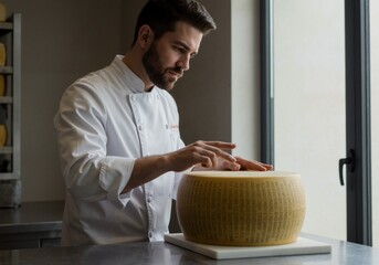A chef inspecting a wheel of cheese in a professional kitchen.