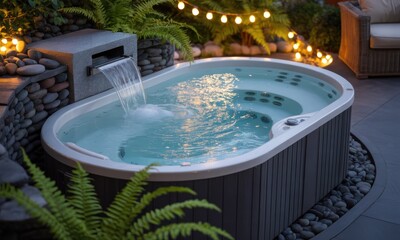 Outdoor hot tub, evening scene, nestled in garden