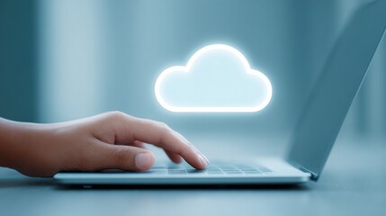 A person is typing on a laptop with a cloud icon on the screen