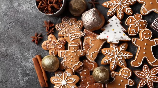 Assorted homemade gingerbread cookies with festive icing, spices, and holiday decorations, top view on a dark background.