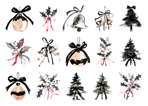PNG Elegant watercolor Christmas ornaments, element set on transparent background