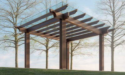 Outdoor wooden pergola with glass roof, nestled amongst trees