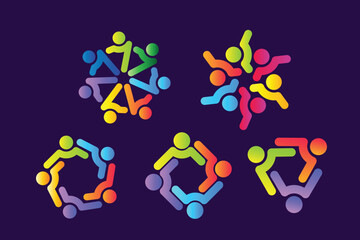 Colorful abstract with 3-7 icon figures representing teamwork and unity, featuring human figures forming circular shapes. Vibrant gradients symbolize collaboration, diversity, and community connection