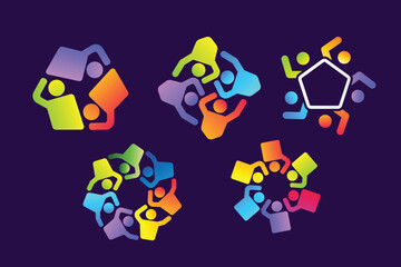 Colorful abstract with 3-7 icon figures representing teamwork and unity, featuring human figures forming circular shapes. Vibrant gradients symbolize collaboration, diversity, and community connection