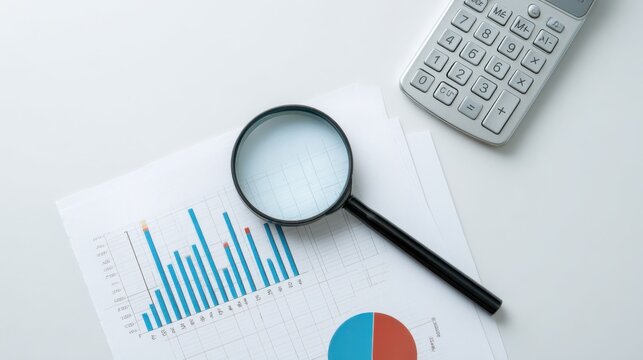 A magnifying glass is on top of a piece of paper with a pie chart on it