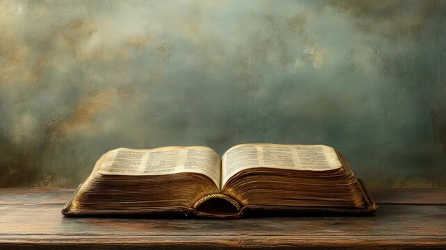 Old open book with aged pages on wooden table against textured background