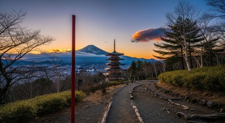 Panoramic view of a Japanese pagoda at sunset