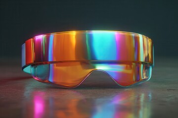 A futuristic VR headset with vibrant iridescent hues, showcasing technological innovation