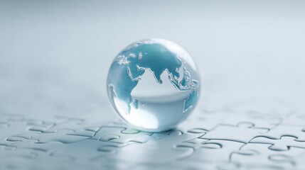 A clear globe is sitting on top of a jigsaw puzzle