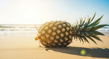 Pineapple on sandy beach, ocean waves