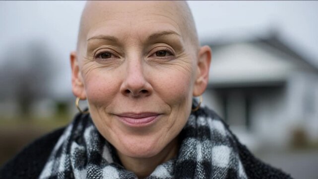 Bald woman in checkered scarf, serene expression exuding resilience, autumn vibes with blurred background suggesting change, empowerment and self-acceptance