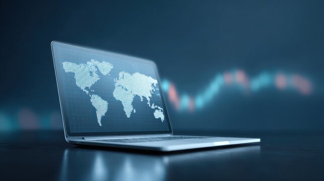 A laptop screen shows a map of the world with a red line on it - Powered by Adobe