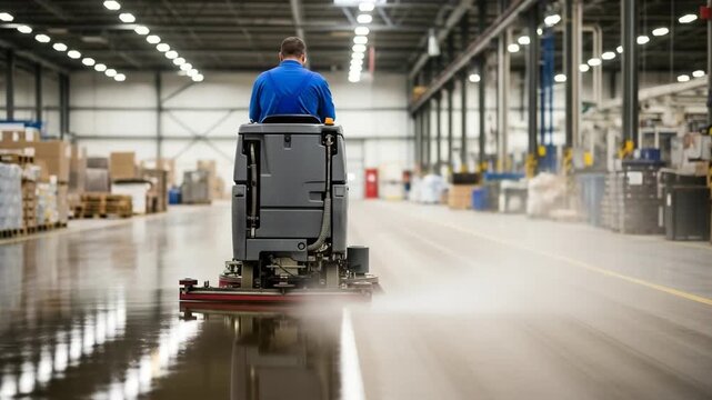 A worker in a blue uniform operates a ride-on floor scrubber, cleaning the wet floor of a large industrial warehouse.