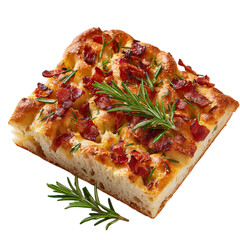 Focaccia bread with bacon and rosemary on transparent background