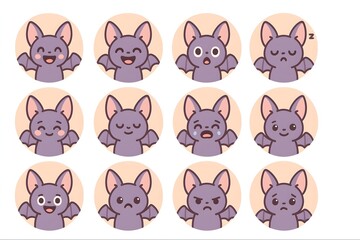 Cute purple bat emoji set in round badges showing twelve expressions: happy, surprised, sleepy, calm, crying, angry, sad, smiling. Pastel cartoon character icons for Halloween, stickers, UI.