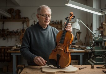 A craftsman meticulously working on a violin.
