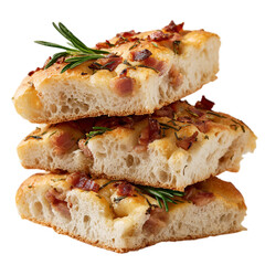 Focaccia bread with bacon and rosemary on transparent background