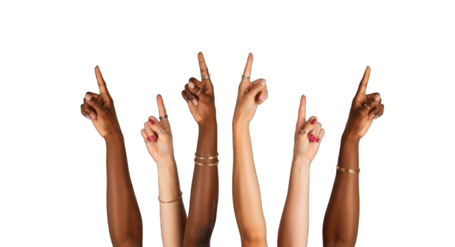Diverse raised arms, pointing fingers, against black background