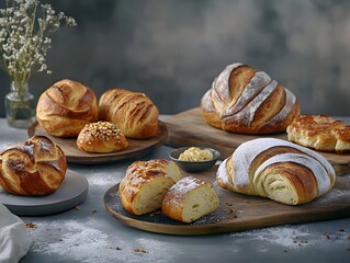 Assorted Delicious Breads and Pastries on Wooden Boards