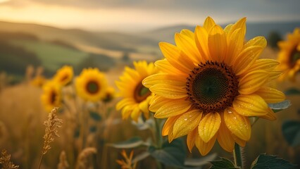 Fototapeta premium Vibrant Sunflowers in Golden Hour Field