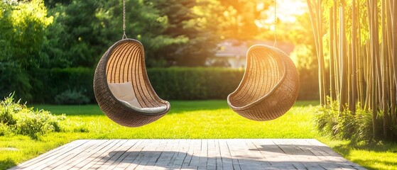 Serene Garden Relaxation,  Two Wicker Egg Chairs Hanging on Deck
