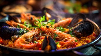 Close-up of traditional Spanish seafood paella with shrimp and mussels.