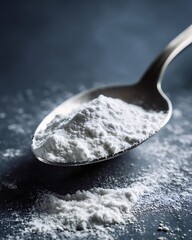 Closeup of medicinal powder on stainless steel spoon. Clean blurred background. White medicinal powder on stainless steel spoon placed on lab table.