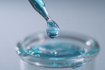 A drop of blue liquid is dripping from a pipette into a clear test tube.