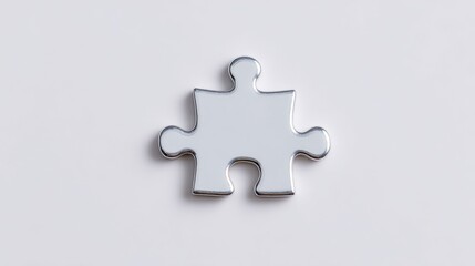 A silver puzzle piece is on a white background