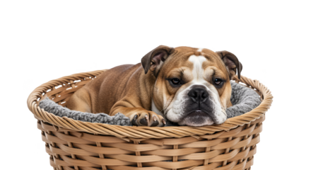 Photo Cute Bulldog Dog Sleeping In Wicker Basket Isolated