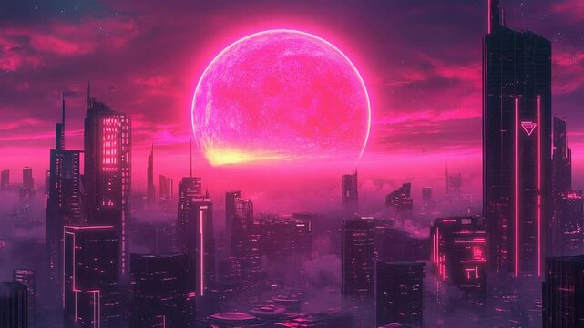 Cyberpunk cityscape with huge glowing pink moon