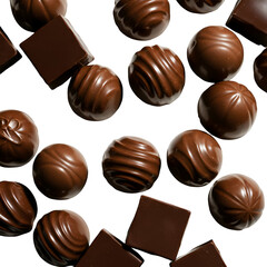 Obraz premium Photo Dark Chocolate Assortment Scattered Dark Black Background