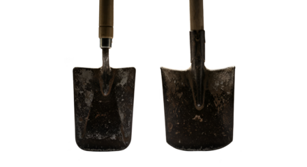 Isolated realistic garden shovels with dirt and wood handles