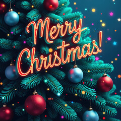 Vibrant Christmas tree adorned with red, blue, and silver ornaments, glowing neon Merry Christmas text, surrounded by colorful lights and stars.