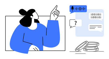 Person interacting with voice input, speech recognition, binary code, and dialogue bubbles near stacked coins. Ideal for tech, AI, finance, automation, innovation digital economy communication