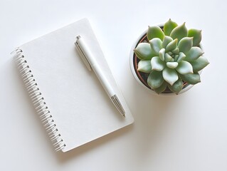 White Spiral Notebook Pen Succulent Plant Flatlay Minimalist Desk