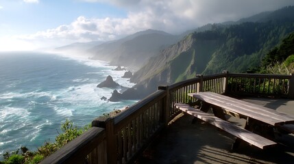 A coastal overlook with a railing and benches, waves crashing against cliffs far below