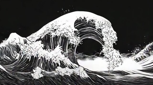 Japanese ukiyo e ocean wave in monochrome art