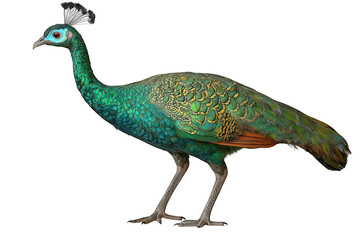 Obraz premium Emerald green peacock hen with small crest, isolated against black