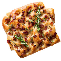 Focaccia bread with bacon and rosemary on transparent background