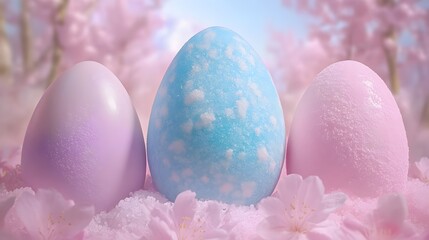 Pastel Easter Eggs in Spring Blossom Scene