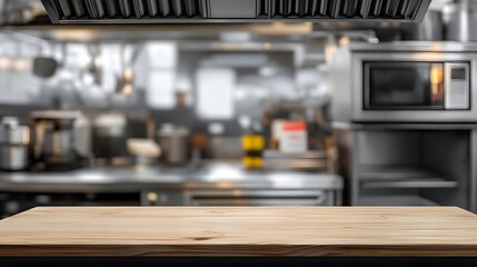Restaurant Kitchen Wooden Tabletop Background Blurred Chef Cooking