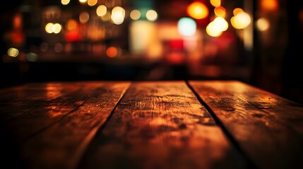 Dark Wooden Tabletop Background Blurred Night Bar Lights