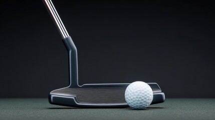 A golf ball is resting on a green surface next to a golf club