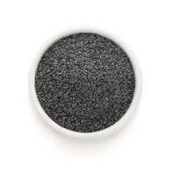Bowl with poppy seeds on white background
