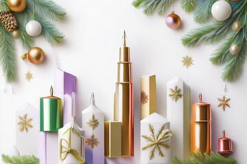 Luxurious white and gold Christmas background with green accents and golden ornaments and green