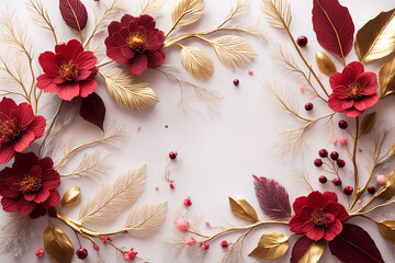 Luxurious white  gold Christmas background with gold branches, delicate flowers, and subtle red and burgundy accents