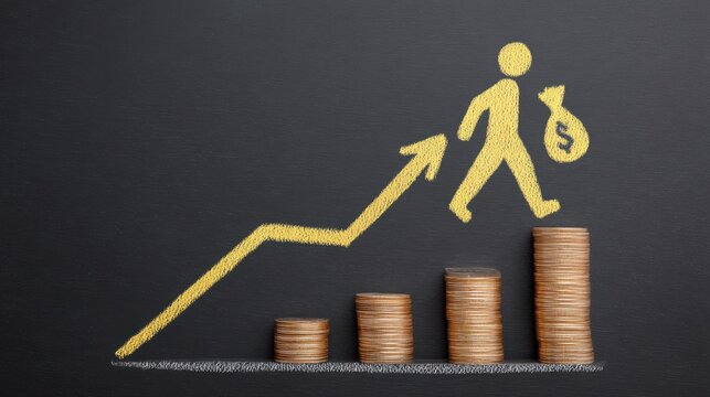 A man is walking up a hill with a stack of coins