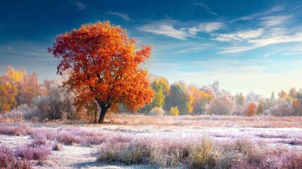 Fototapeta premium Autumn's cool palette: nature's frosty brushstrokes and rich hues. Creative concept. Autumn's diverse tones: a meadow frosted under bright october sky. Modern design. Professional look.