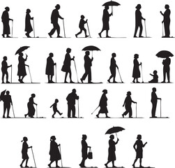 Human life stages silhouette illustration, black vector showing aging progression from childhood to old age for educational themes